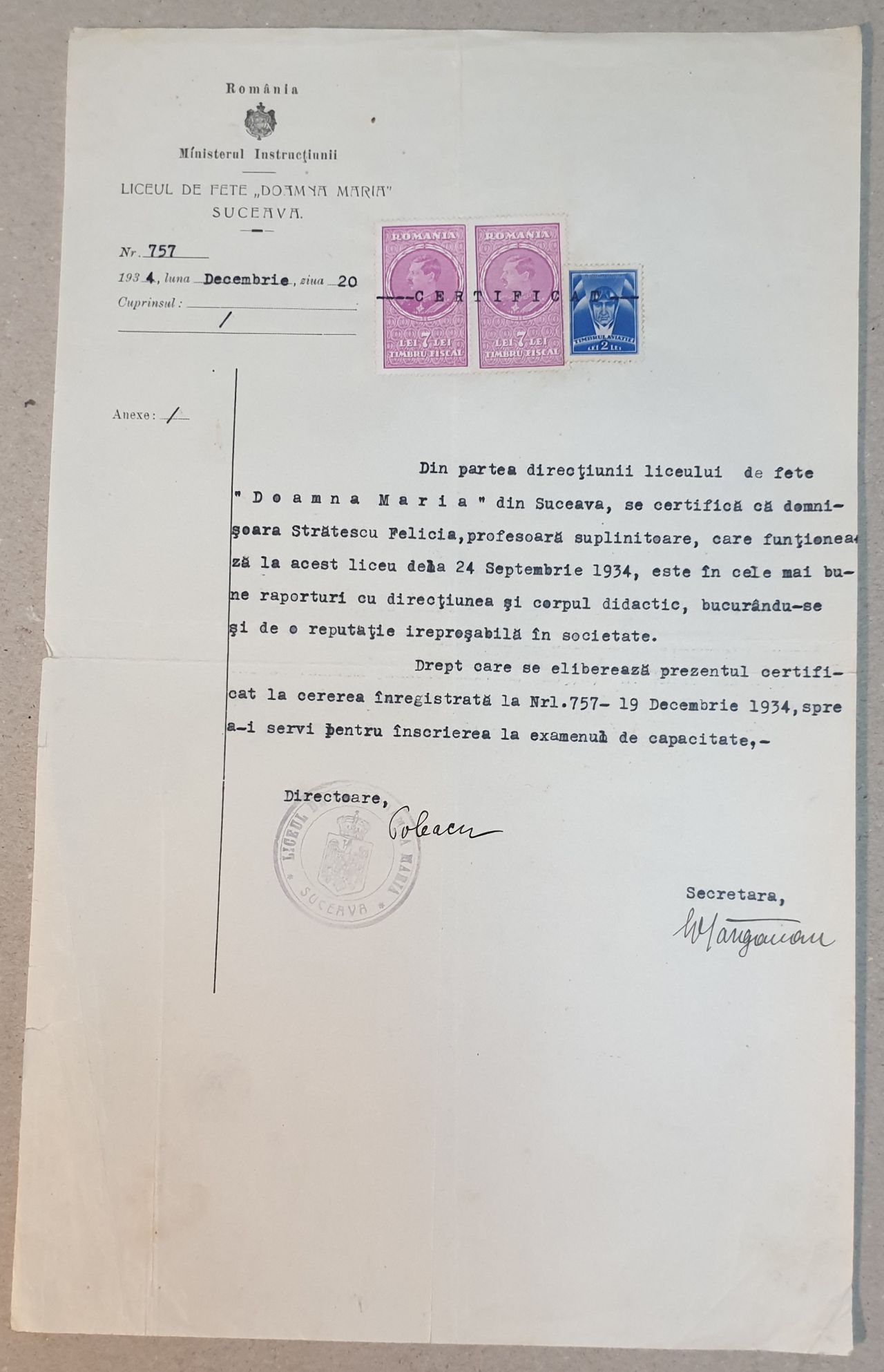 Be satisfied Voltage Evolve Liceul de Fete „Doamna Maria” Suceava, 20 decembrie 1934, Certificat  Reputatie, 25x35cm, antet, stampila, 2 timbre fiscale Carol II –  kolectionarul.ro