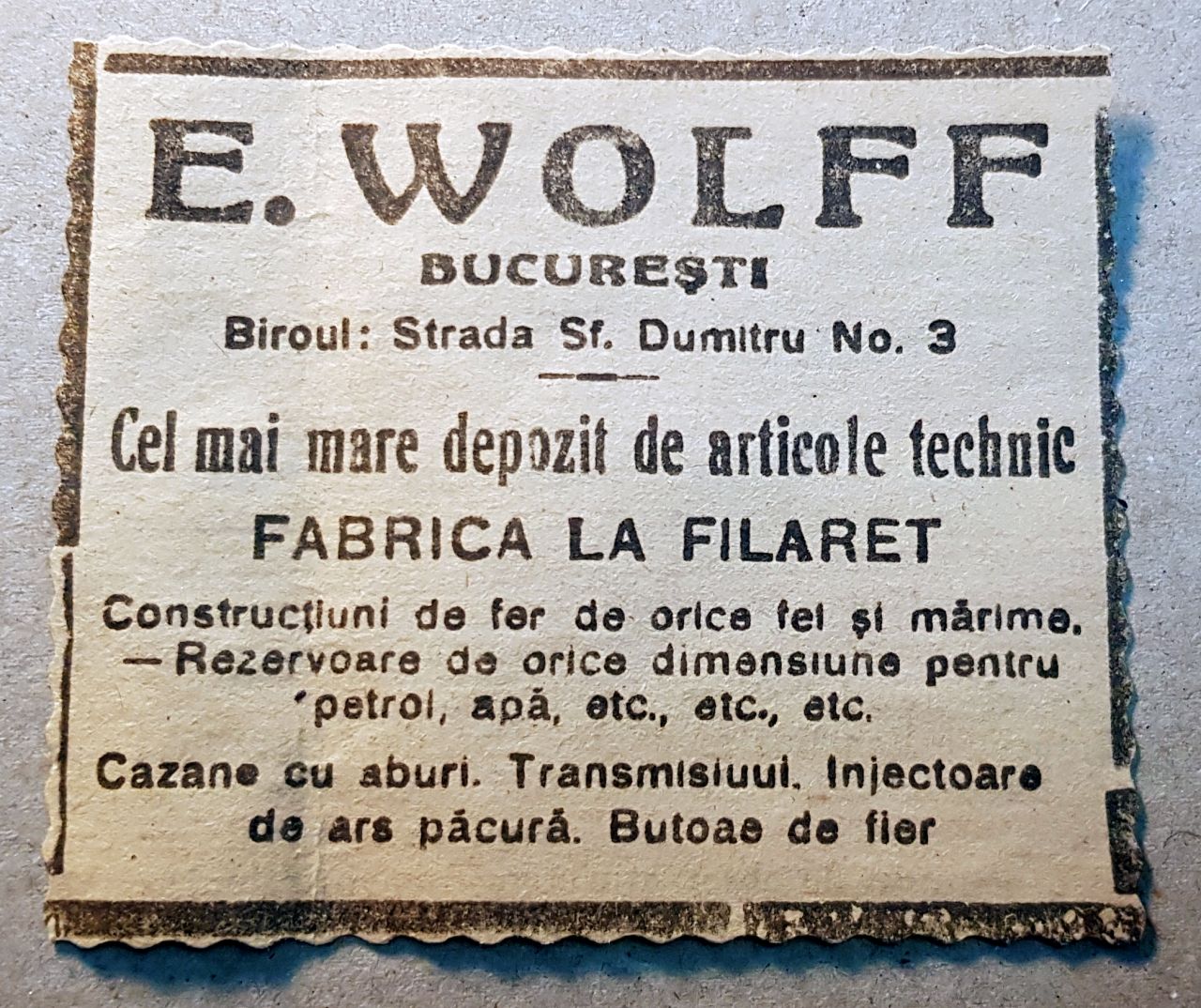 tense friction not to mention reclama de presa 1915, E.Wolff Bucuresti, 10x12cm, margine dantelata, de  inramat – kolectionarul.ro