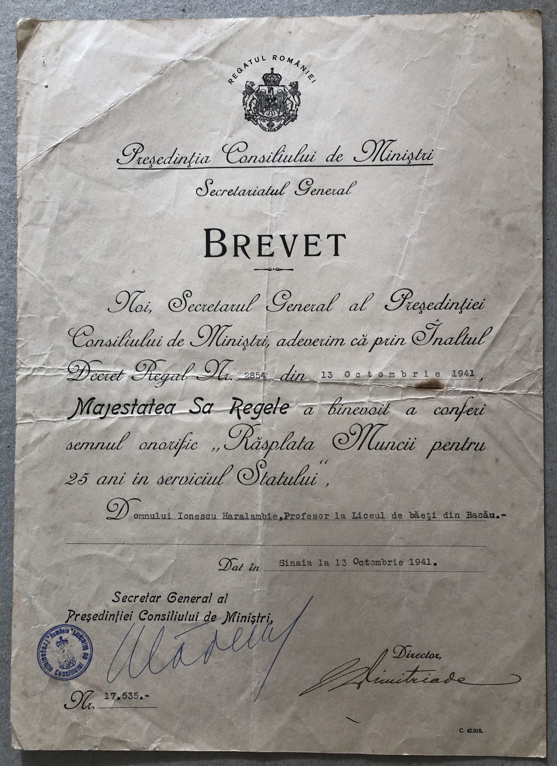 Industrialize National anthem sick Brevet 1941, medalia Rasplata Muncii – kolectionarul.ro