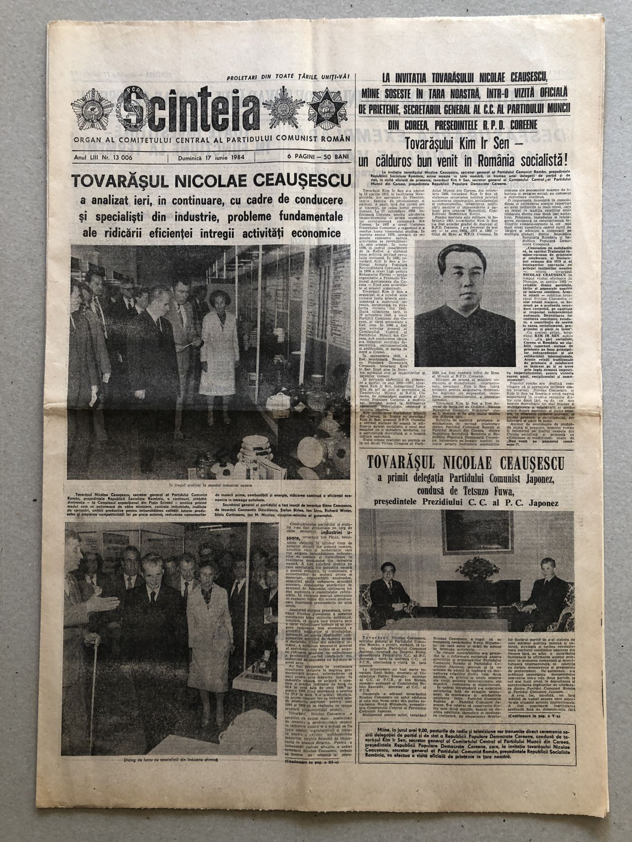 Petrify stream helper Kim Ir Sen in Romania lui Ceausescu, Scinteia Tineretului, ziar vechi 17  iunie 1984 – kolectionarul.ro