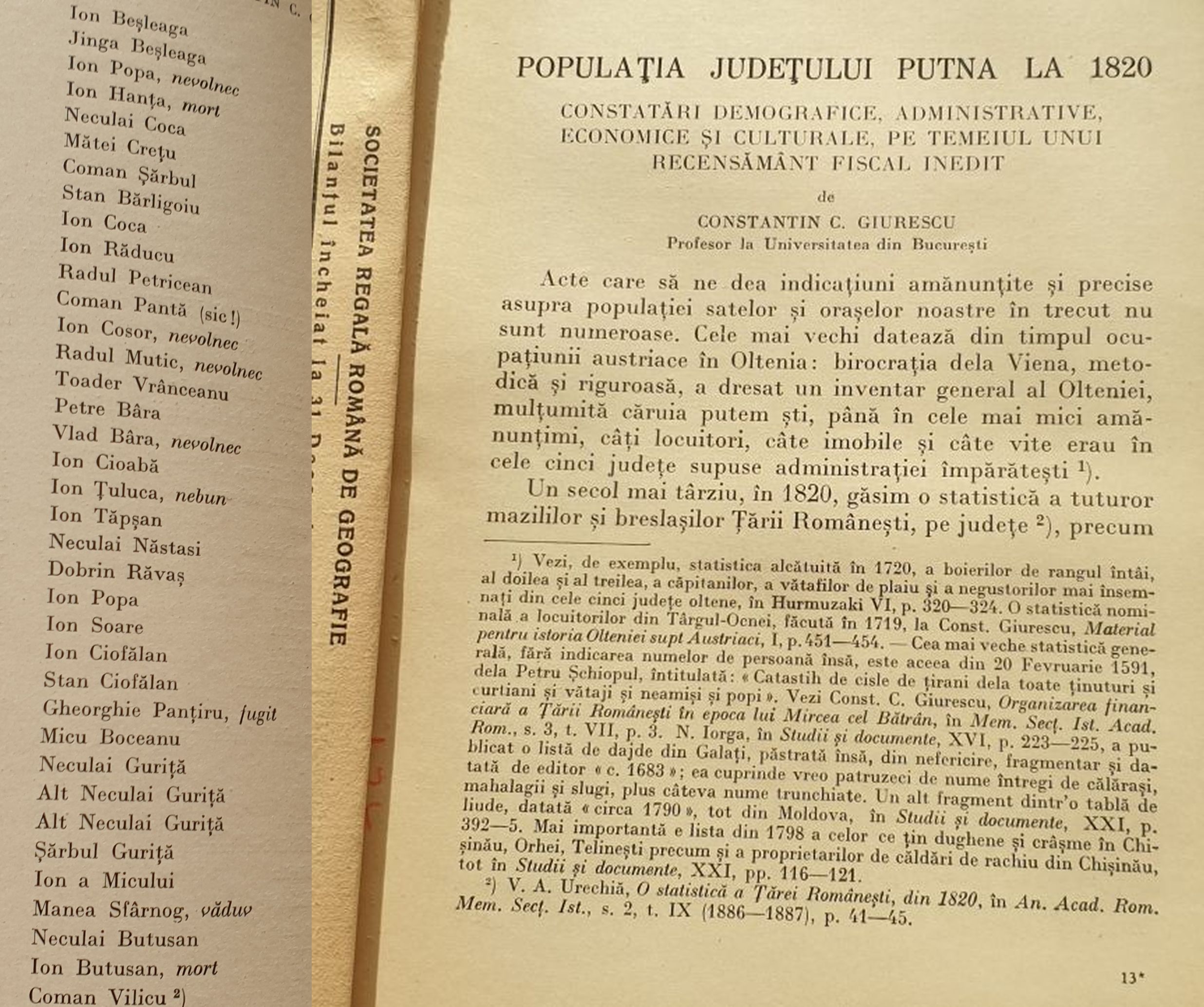 Populatie judet Putna in 1820, Societatea Regala de Geografie, 1941, pagini – kolectionarul.ro