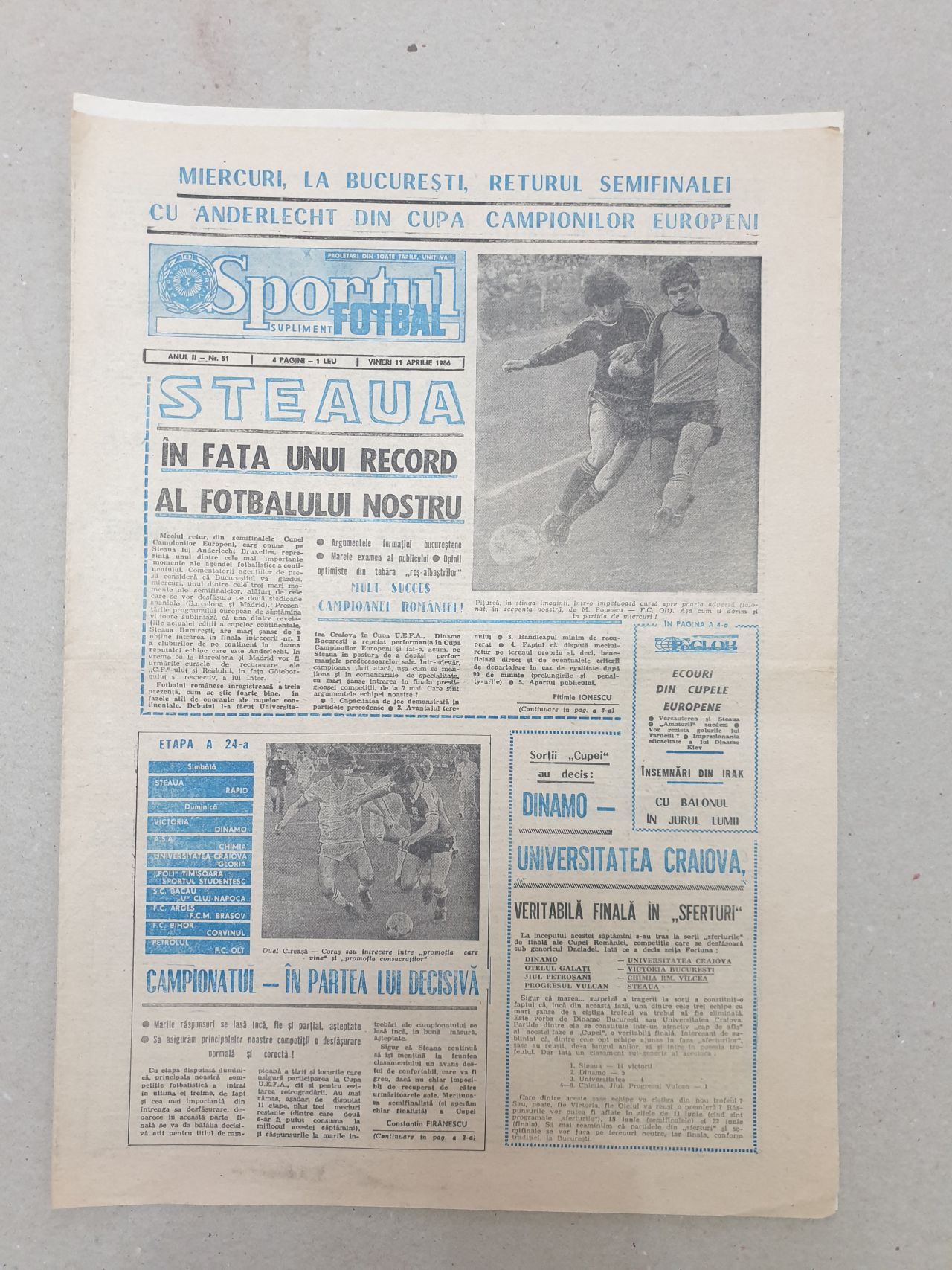 Grafting pleasant Symmetry Sportul (Fotbal), ziar vechi 21 aprilie 1986 – kolectionarul.ro