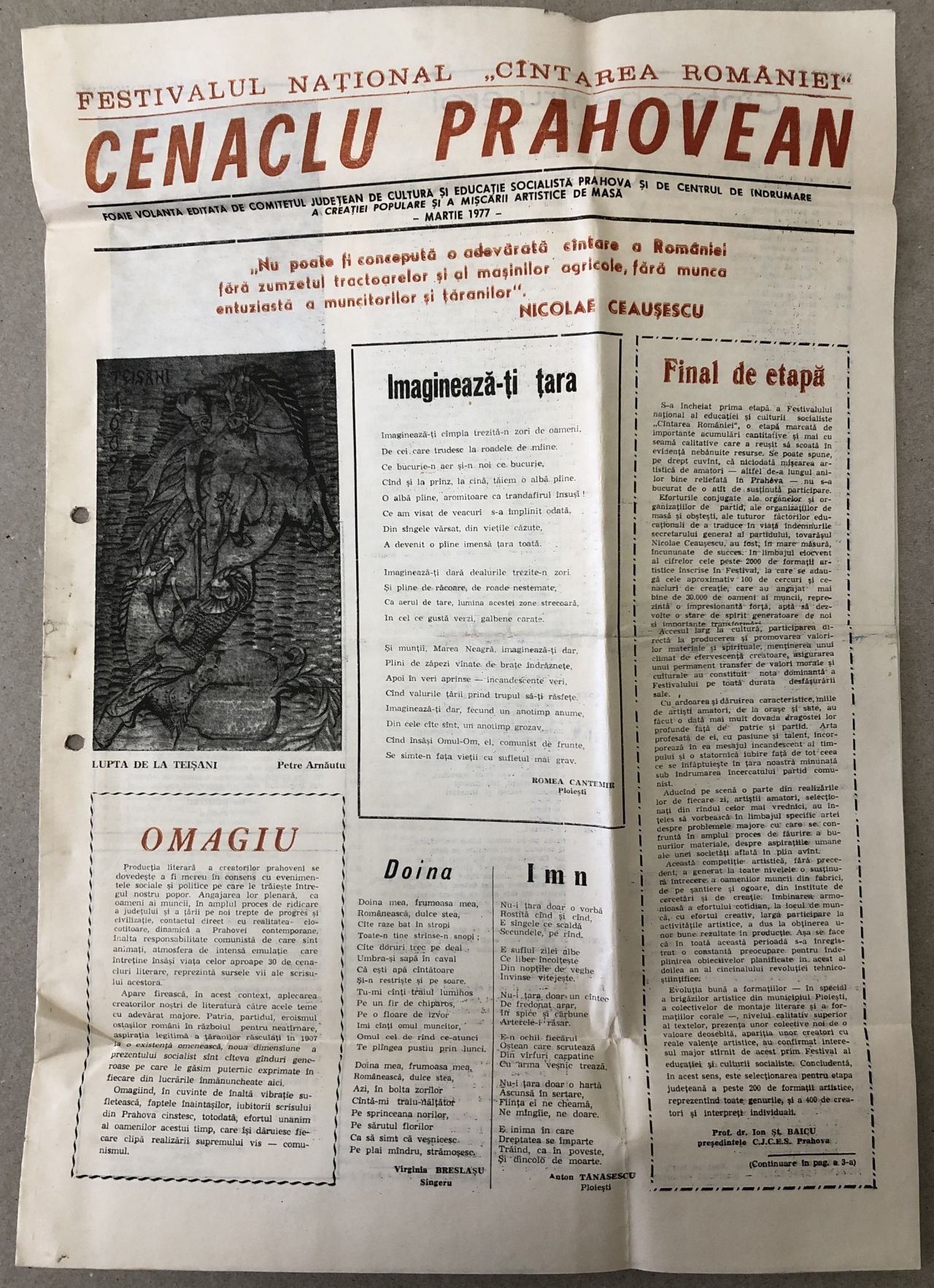 Flawless lawn Specificity Cenaclul Prahovean, Cantarea Romaniei, ziar vechi (raritate), poezii si  texte de propaganda, Prahova, martie 1977 – kolectionarul.ro