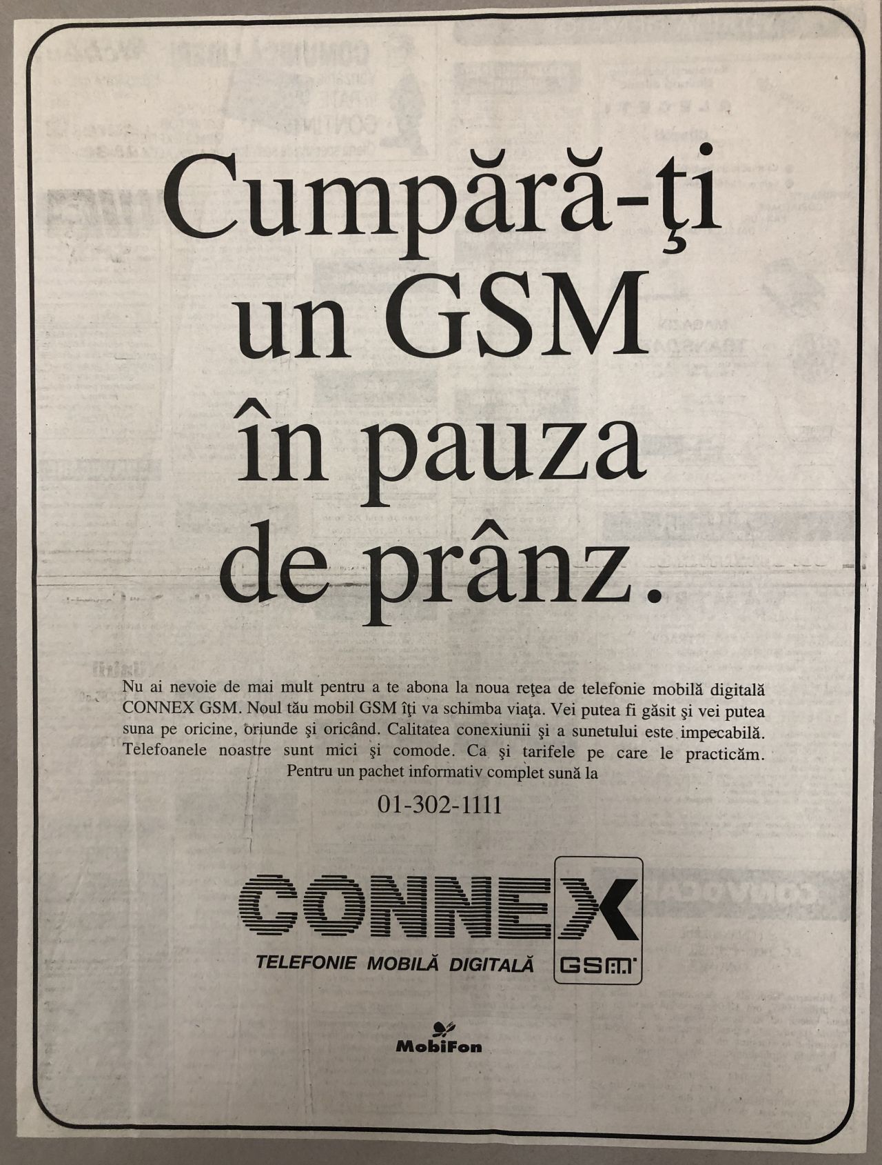 Connex (Vodafone) 6 reclame de presa, hartie de ziar, anii 90, format aprox. A2 – kolectionarul.ro